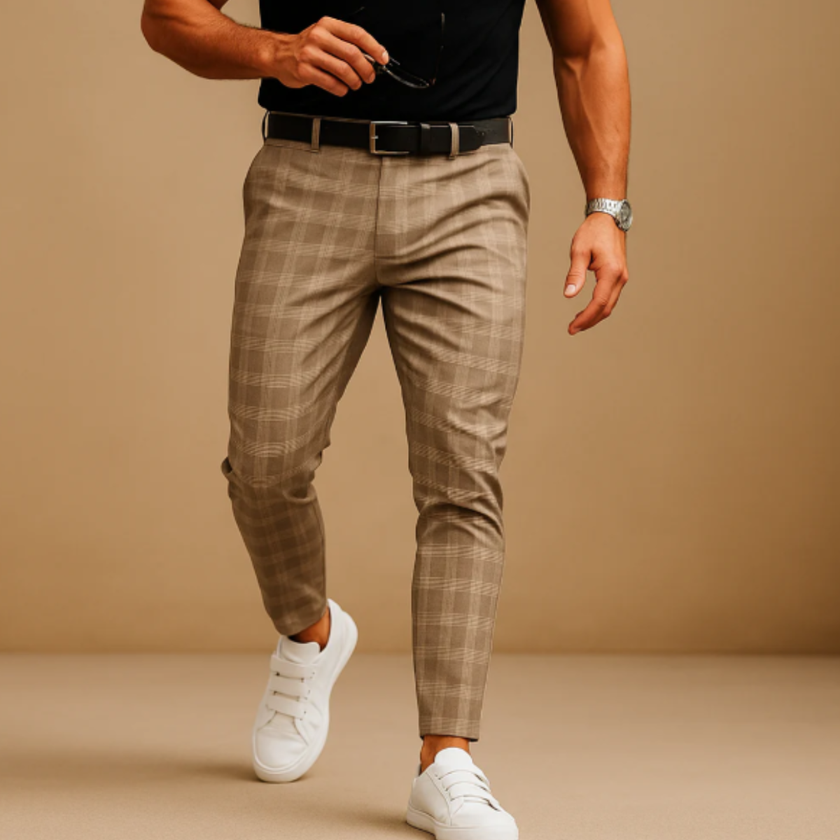 Men's Slim Fit Dress Pants with Windowpane Check Pattern