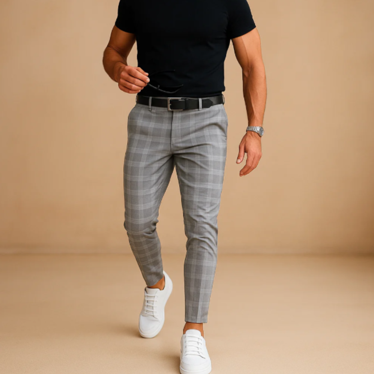 Men's Slim Fit Dress Pants with Windowpane Check Pattern