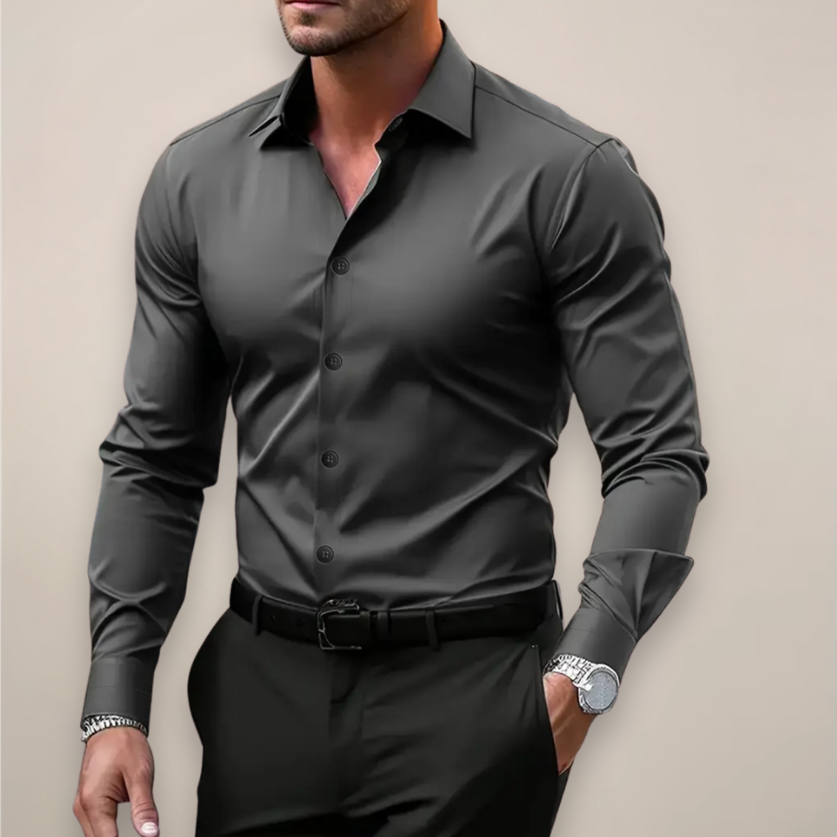 Men's Slim Fit Dress Shirt Long Sleeve with Classic Collar and Button Closure