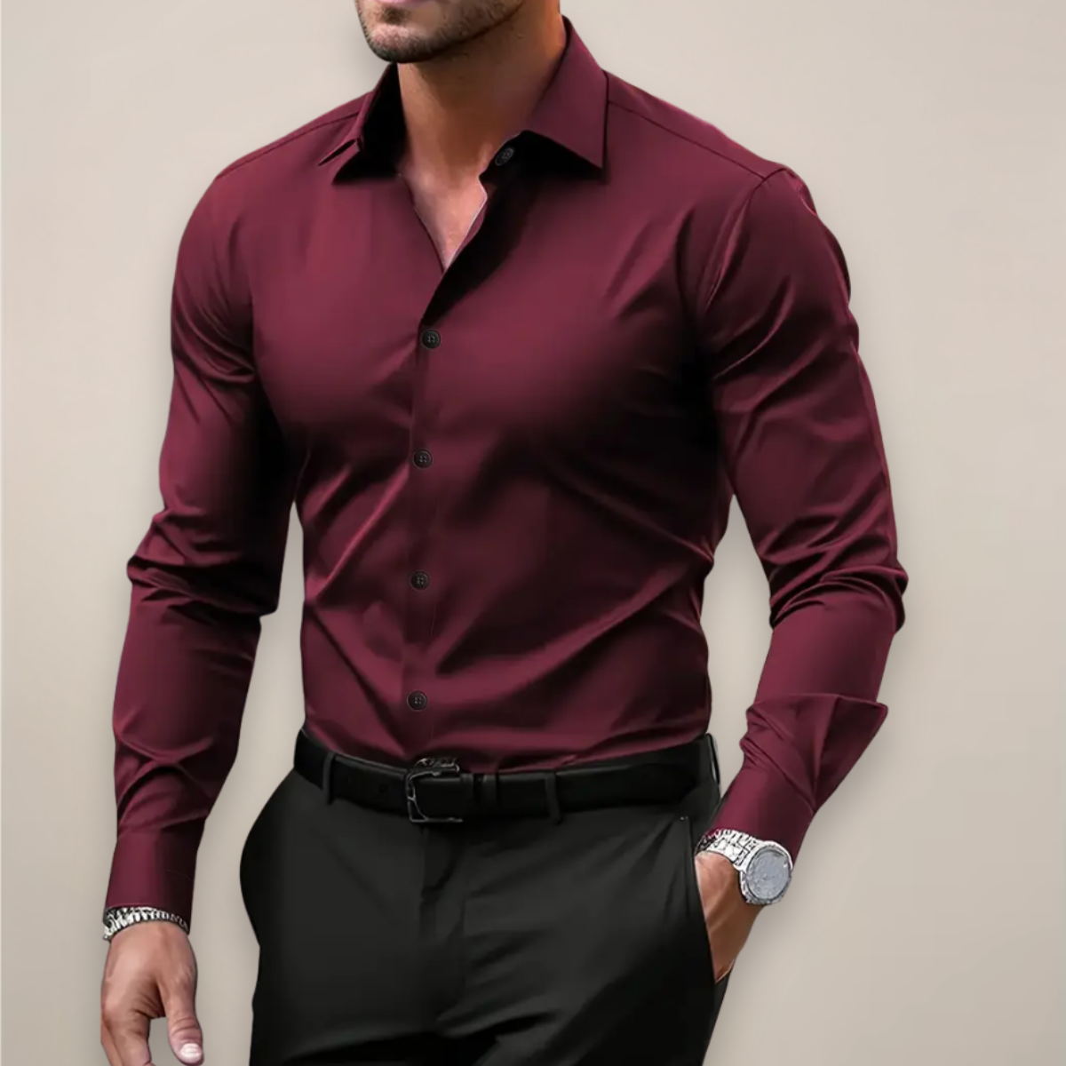 Men's Slim Fit Dress Shirt Long Sleeve with Classic Collar and Button Closure
