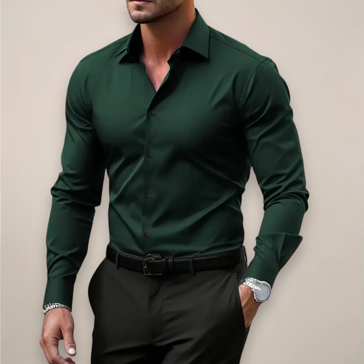 Men's Slim Fit Dress Shirt Long Sleeve with Classic Collar and Button Closure
