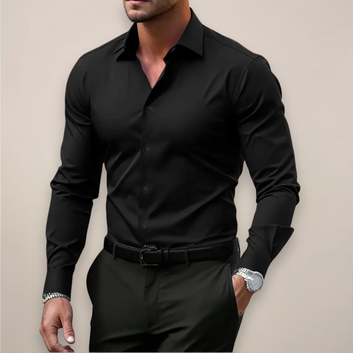 Men's Slim Fit Dress Shirt Long Sleeve with Classic Collar and Button Closure