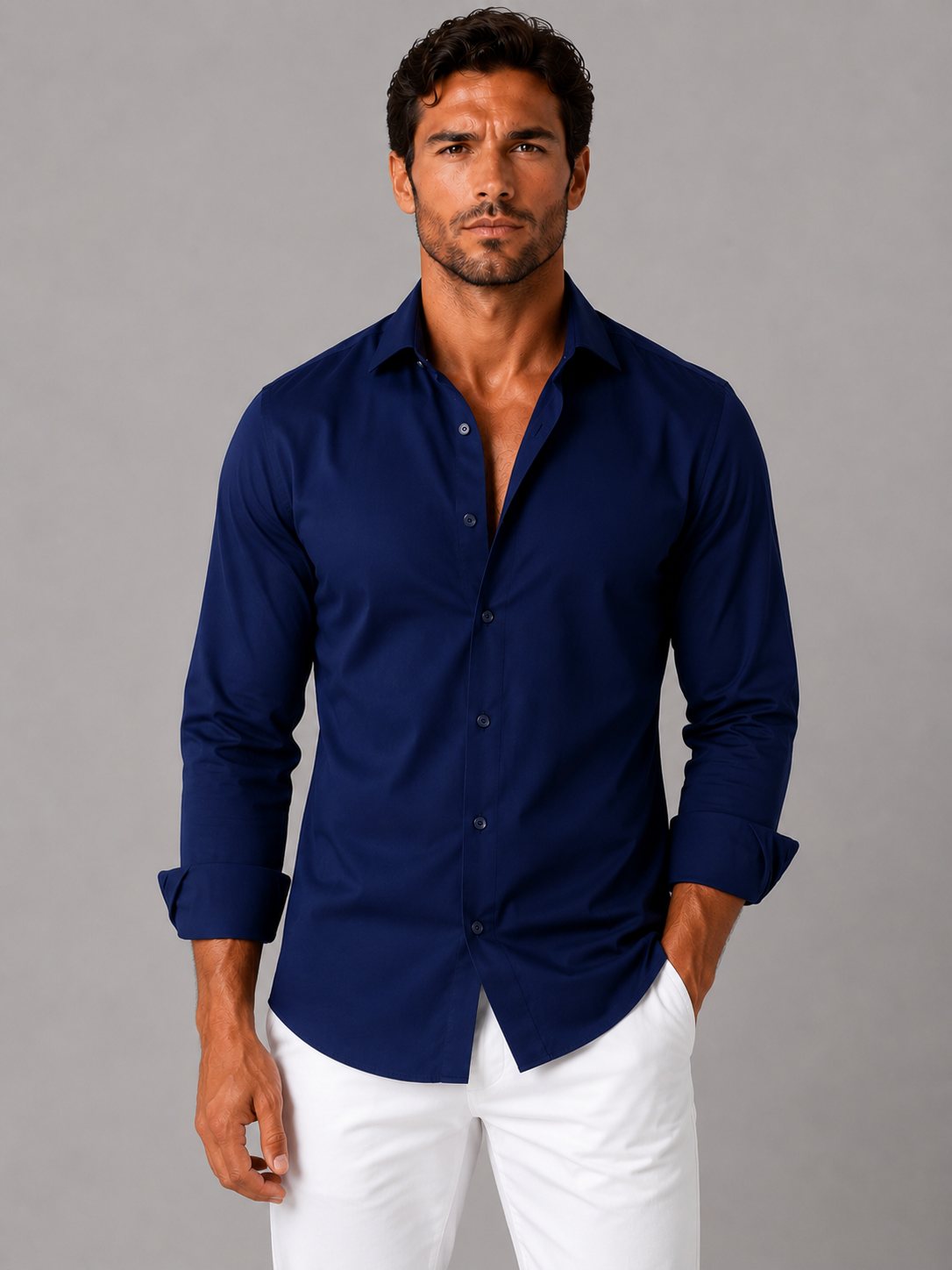 Men's Slim Fit Dress Shirt with Classic Collar and Button Cuffs