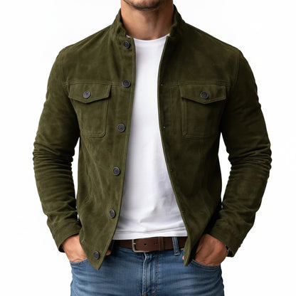 Men's Slim Fit Jacket with Stand Collar and Button Closure