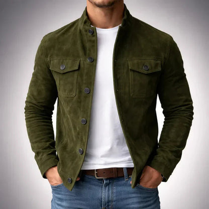Men's Slim Fit Jacket with Stand Collar and Button Closure