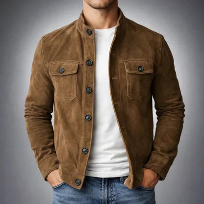 Men's Slim Fit Jacket with Stand Collar and Button Closure