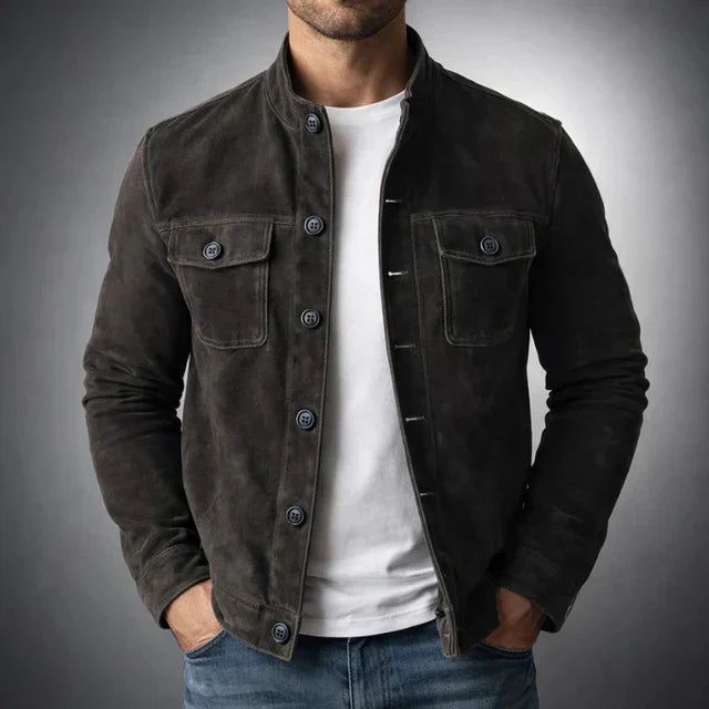 Men's Slim Fit Jacket with Stand Collar and Button Closure
