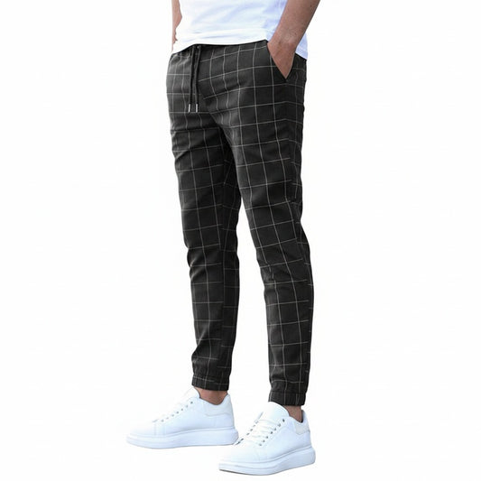 Men's Slim Fit Plaid Jogger Trousers with Elastic Waist and Pockets