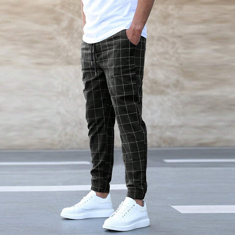 Men's Slim Fit Plaid Jogger Trousers with Elastic Waist and Pockets