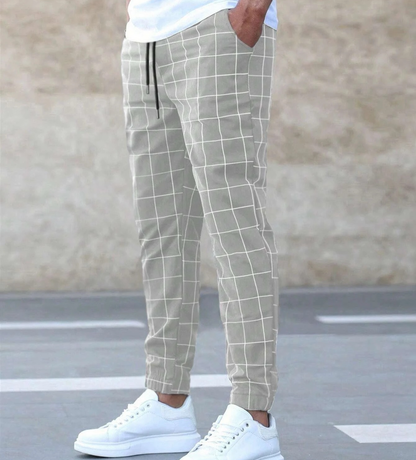 Men's Slim Fit Plaid Jogger Trousers with Elastic Waist and Pockets