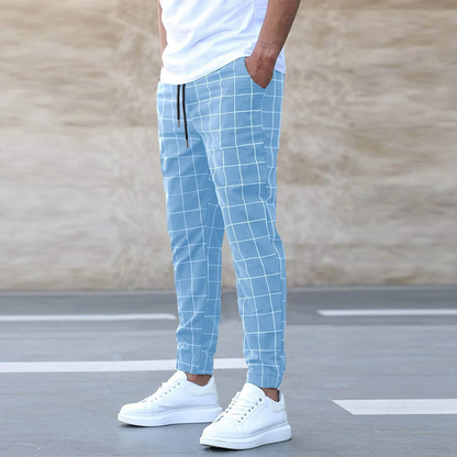 Men's Slim Fit Plaid Jogger Trousers with Elastic Waist and Pockets