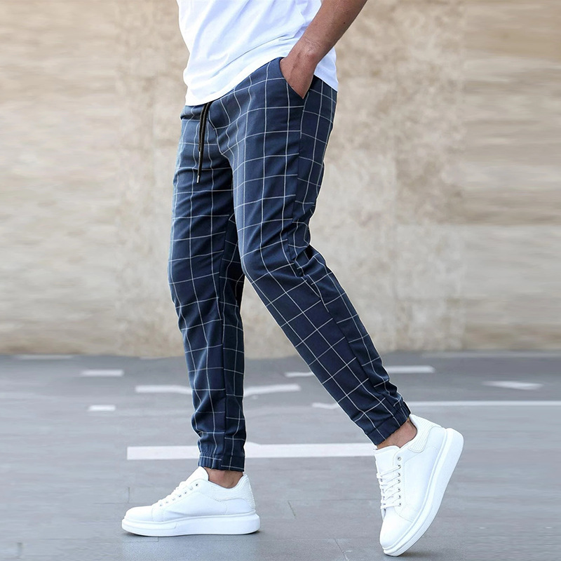 Men's Slim Fit Plaid Jogger Trousers with Elastic Waist and Pockets