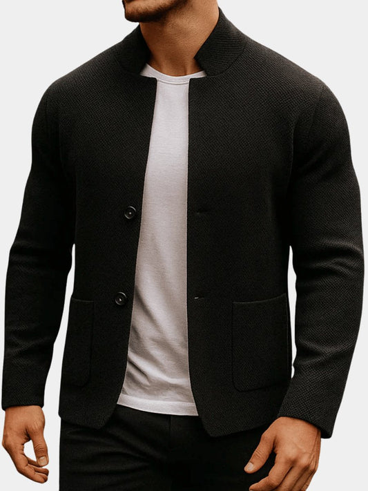 Men's Stand Collar Blazer with Button Closure and Patch Pockets