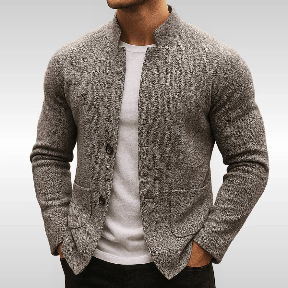 Men's Stand Collar Blazer with Button Closure and Patch Pockets