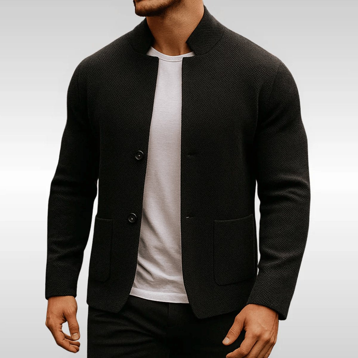 Men's Stand Collar Blazer with Button Closure and Patch Pockets
