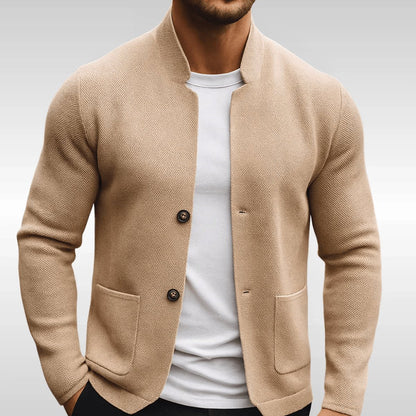 Men's Stand Collar Blazer with Button Closure and Patch Pockets