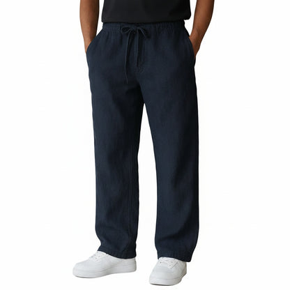 Men's Straight-Leg Trousers with Elastic Drawstring Waist and Side Pockets