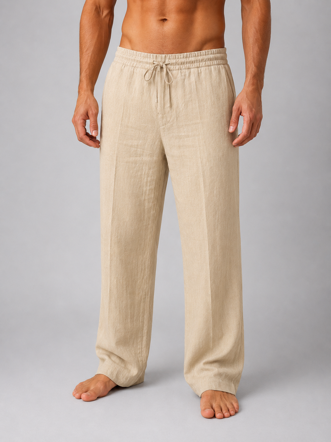 Men's Straight-Leg Trousers with Elastic Drawstring Waist and Wide Fit