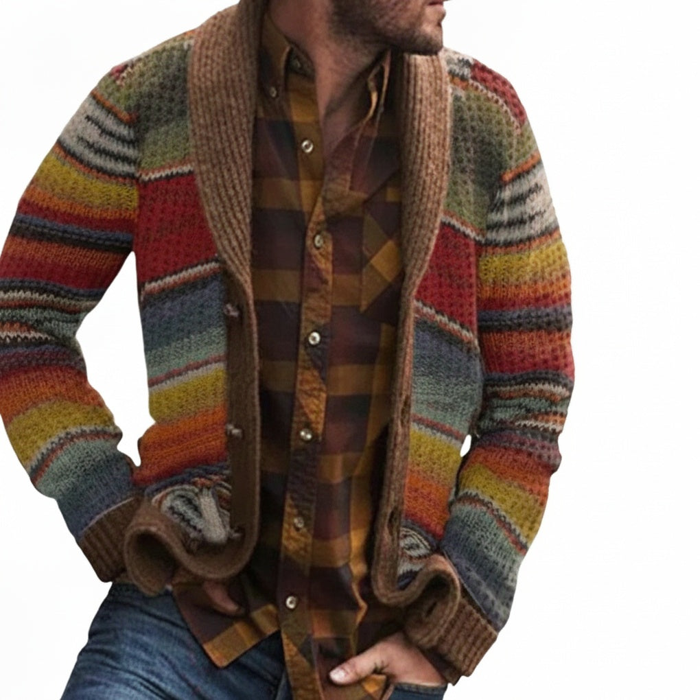 Men's Striped Cardigan with Long Sleeves, Shawl Collar and Relaxed Fit