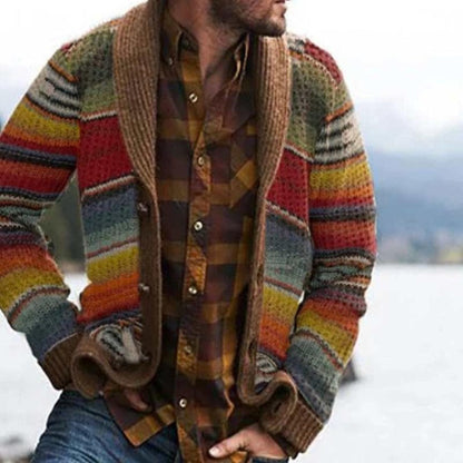 Men's Striped Cardigan with Long Sleeves, Shawl Collar and Relaxed Fit