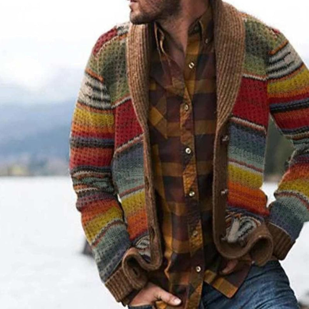 Men's Striped Cardigan with Long Sleeves, Shawl Collar and Relaxed Fit