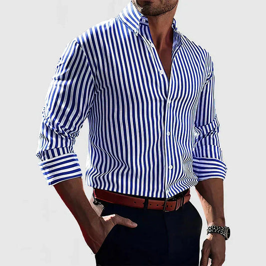 Men's Striped Long Sleeve Shirt with Button-Down Collar and Classic Fit