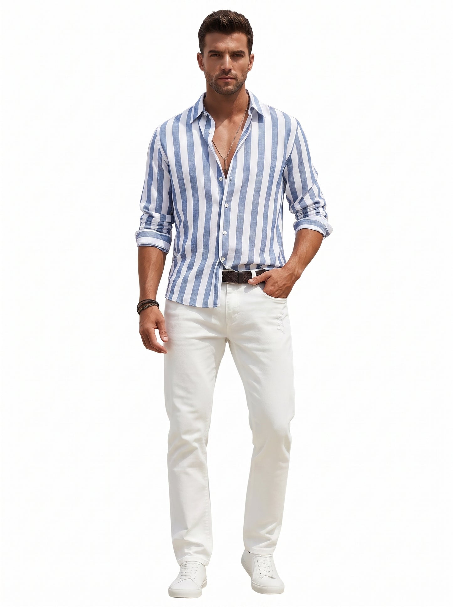 Men's Striped Shirt Long Sleeve with Spread Collar