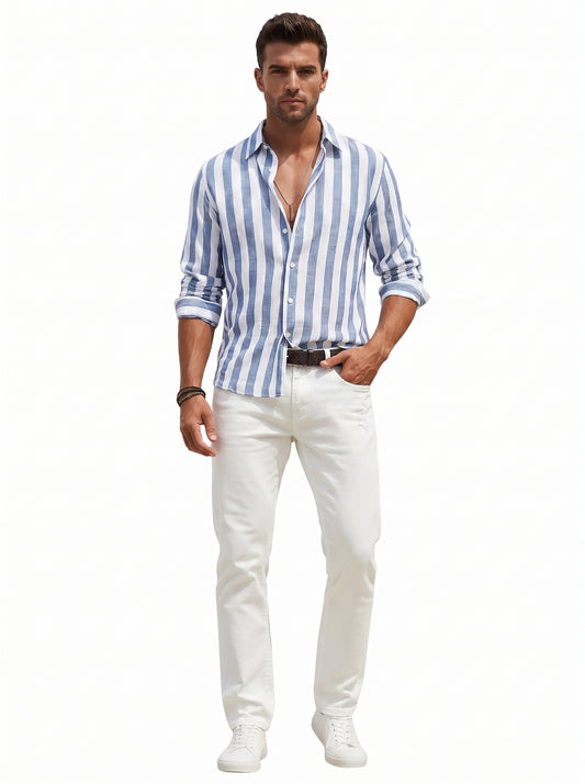Men's Striped Shirt Long Sleeve with Spread Collar
