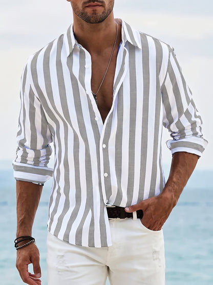 Men's Striped Shirt Long Sleeve with Spread Collar