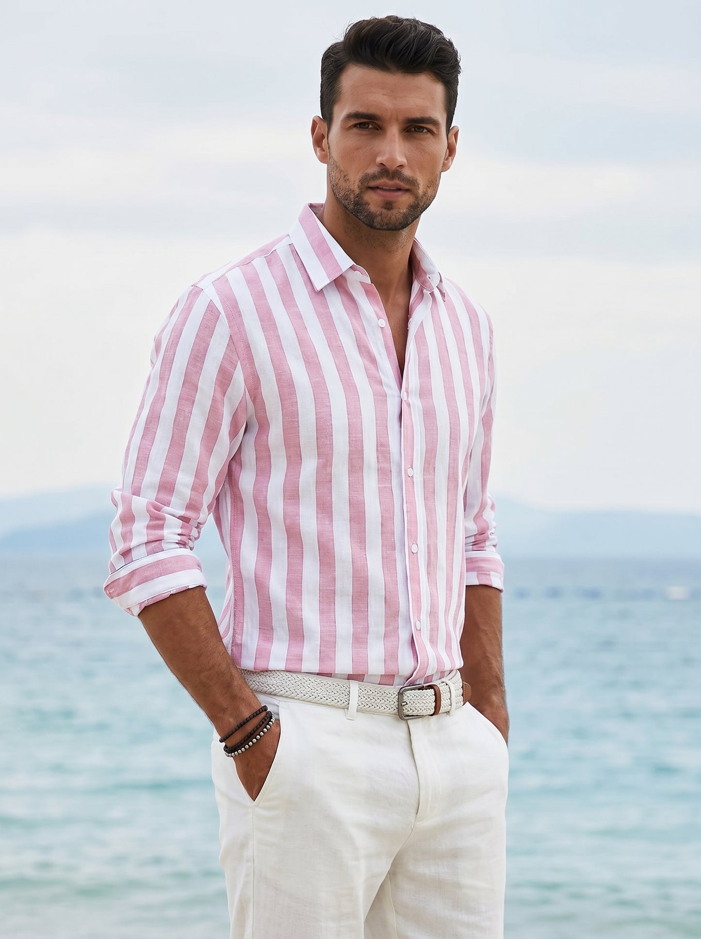 Men's Striped Shirt Long Sleeve with Spread Collar