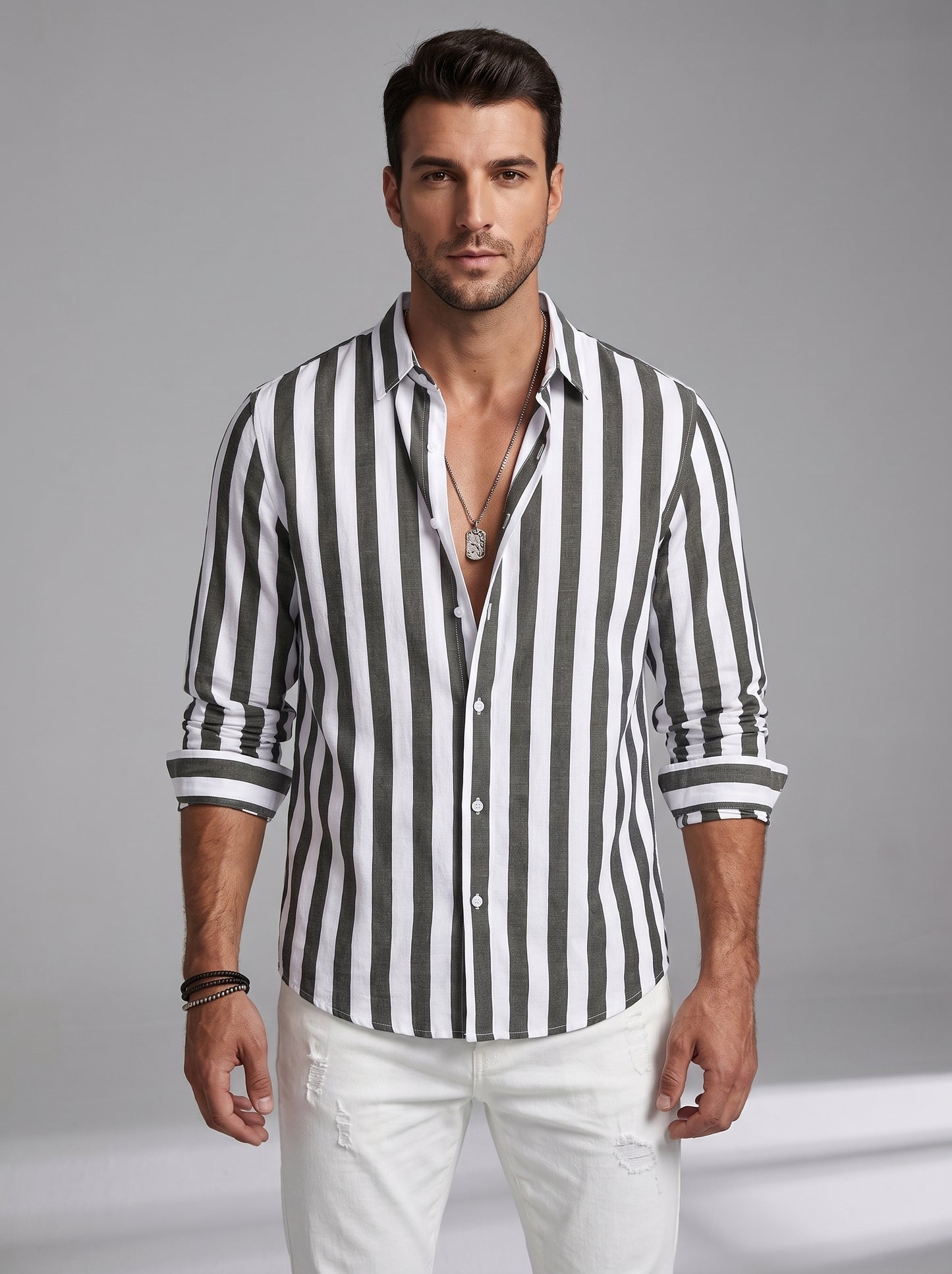 Men's Striped Shirt Long Sleeve with Spread Collar