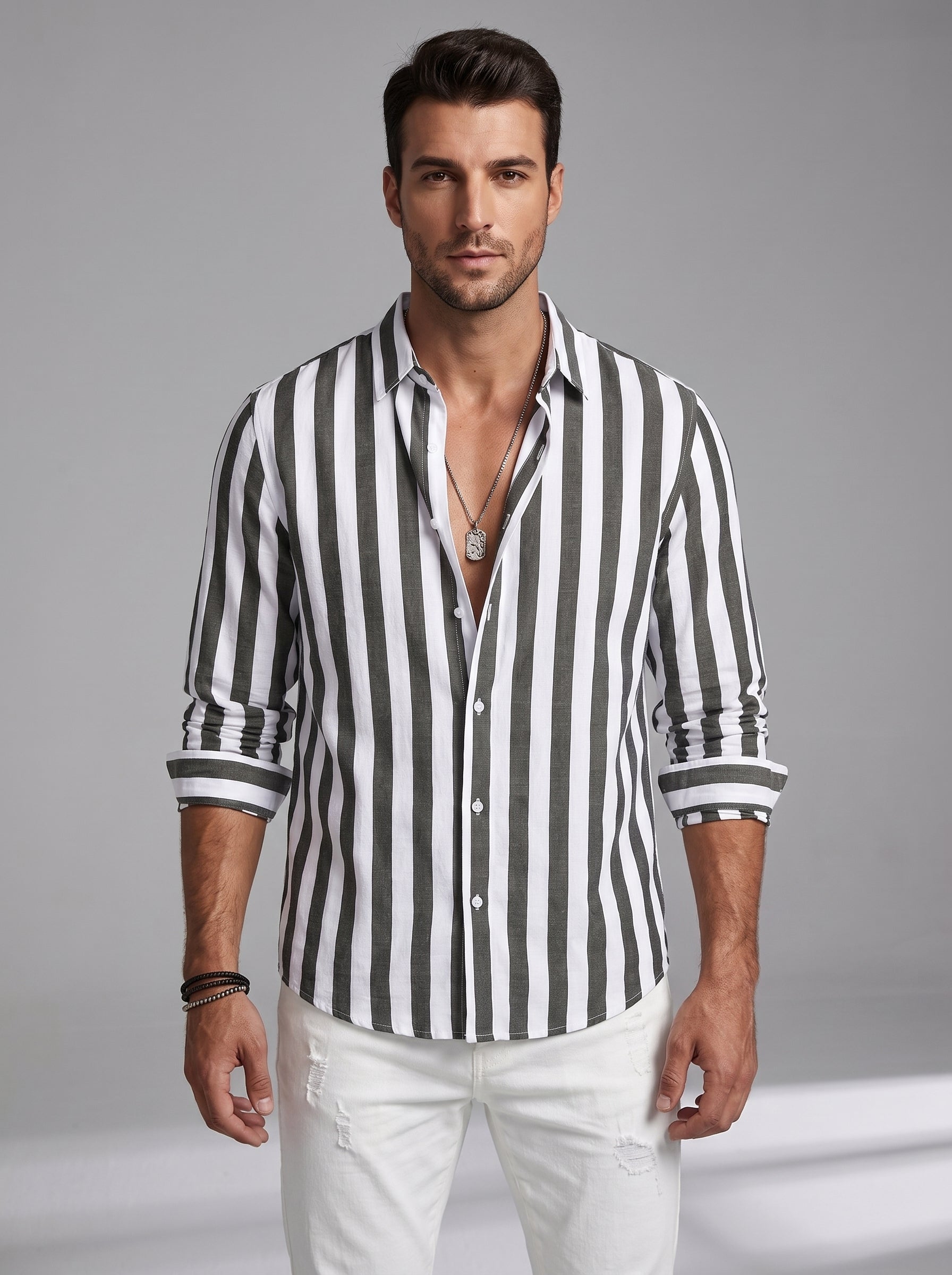 Men's Striped Shirt Long Sleeve with Spread Collar