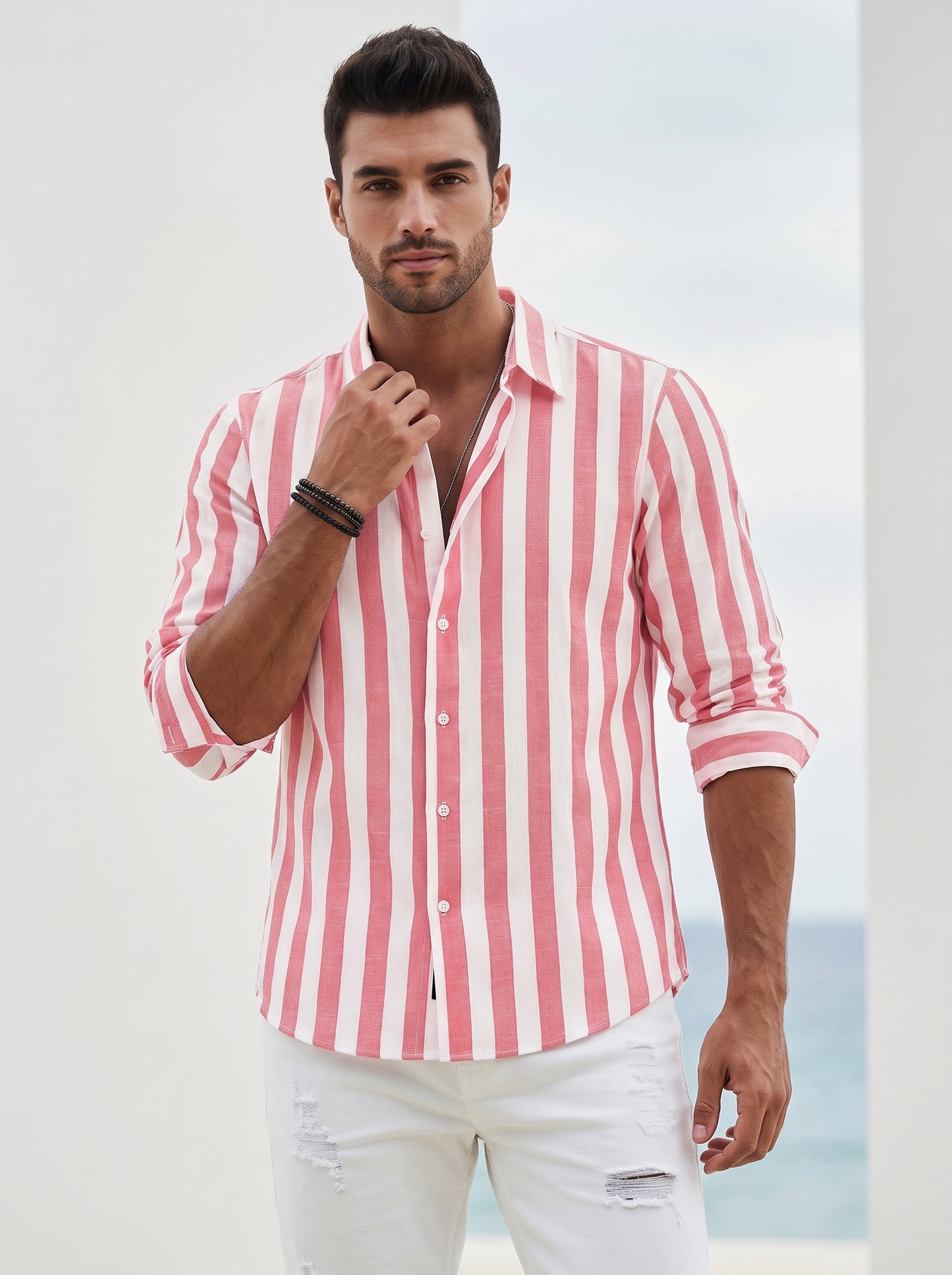 Men's Striped Shirt Long Sleeve with Spread Collar