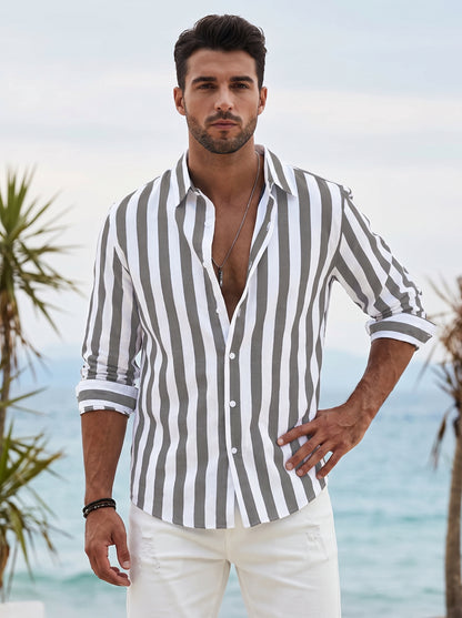 Men's Striped Shirt Long Sleeve with Spread Collar