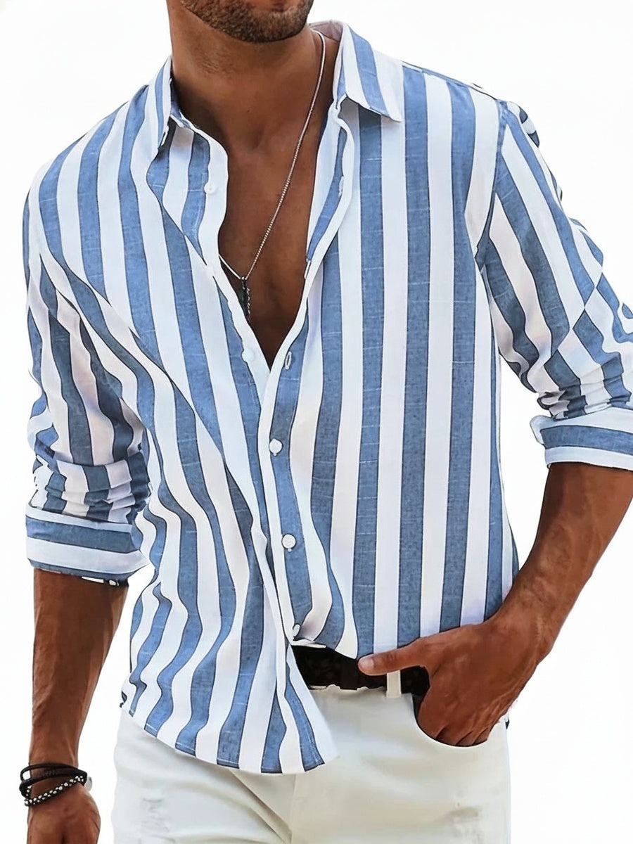 Men's Striped Shirt Long Sleeve with Spread Collar and Relaxed Fit