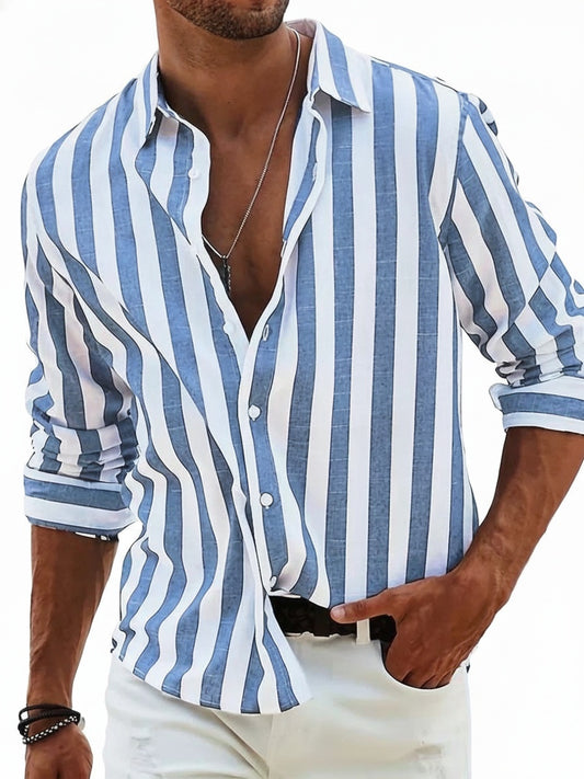 Men's Striped Shirt Long Sleeve with Spread Collar and Relaxed Fit