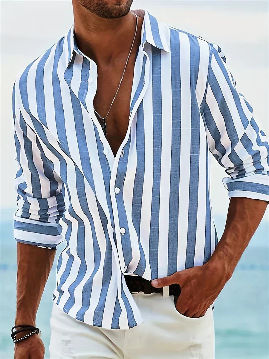 Men's Striped Shirt Long Sleeve with Spread Collar and Relaxed Fit