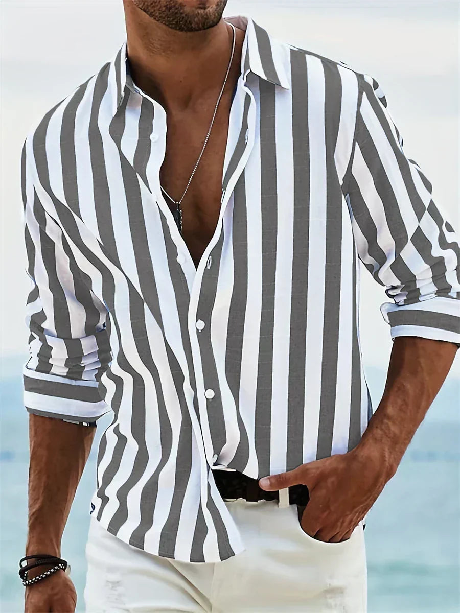 Men's Striped Shirt Long Sleeve with Spread Collar and Relaxed Fit
