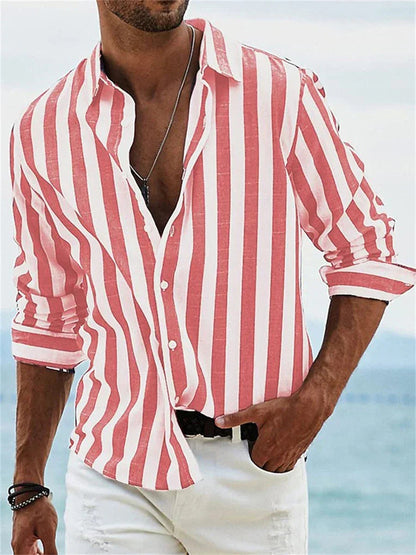 Men's Striped Shirt Long Sleeve with Spread Collar and Relaxed Fit