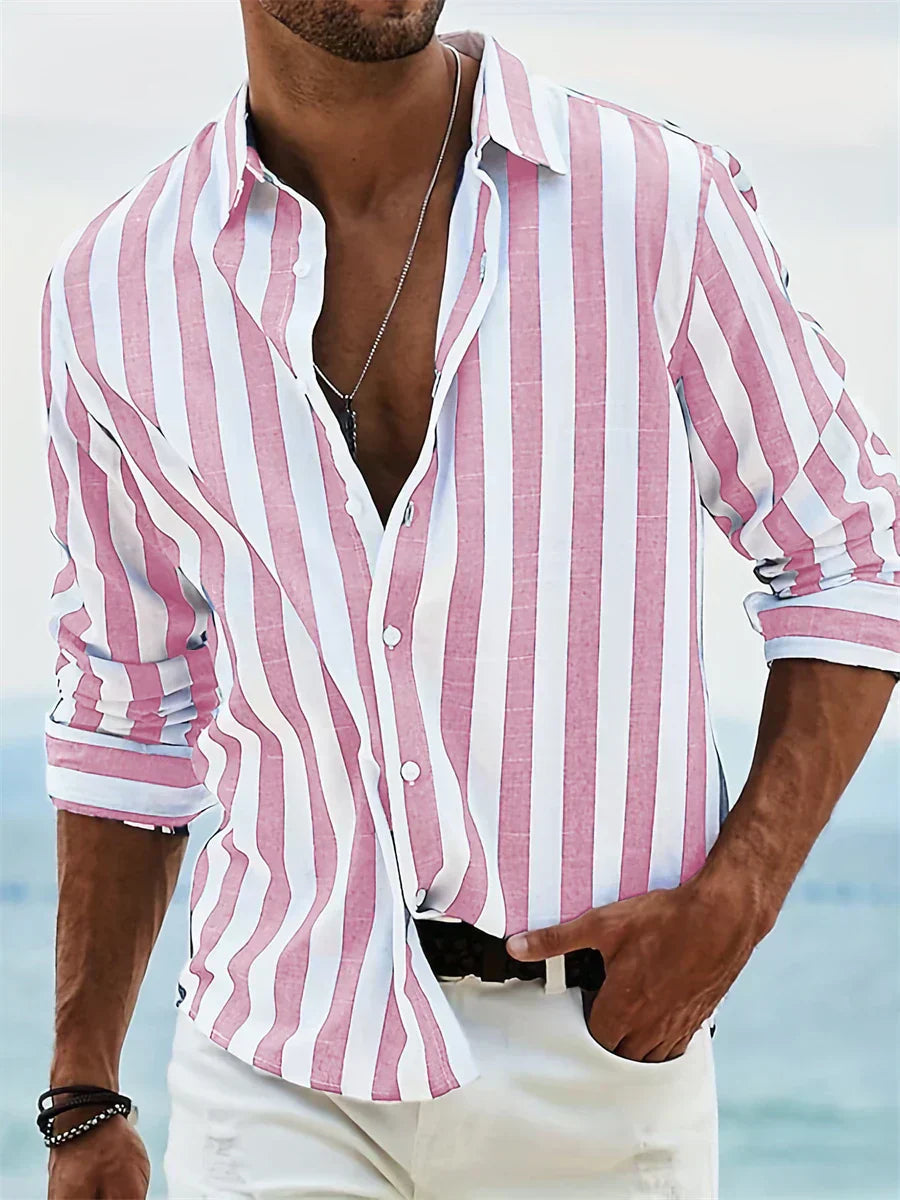 Men's Striped Shirt Long Sleeve with Spread Collar and Relaxed Fit