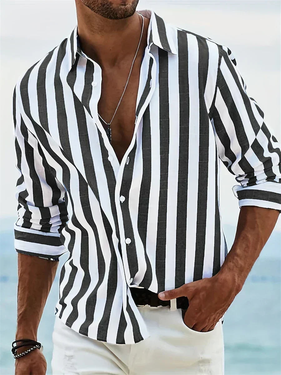 Men's Striped Shirt Long Sleeve with Spread Collar and Relaxed Fit