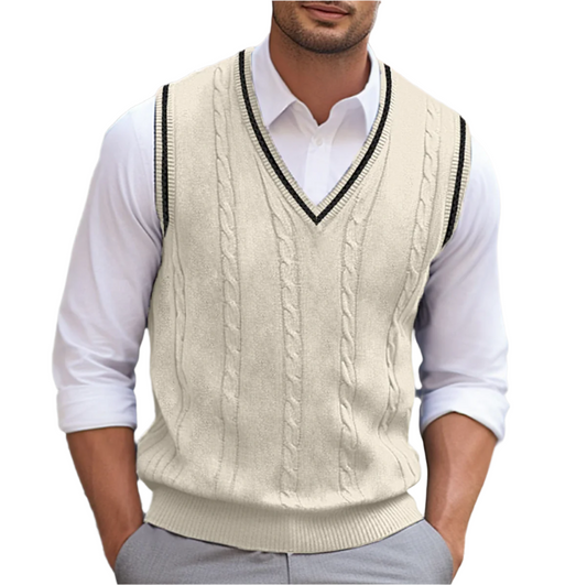 Men's Sweater Vest Sleeveless with V-Neck and Cable Knit Pattern