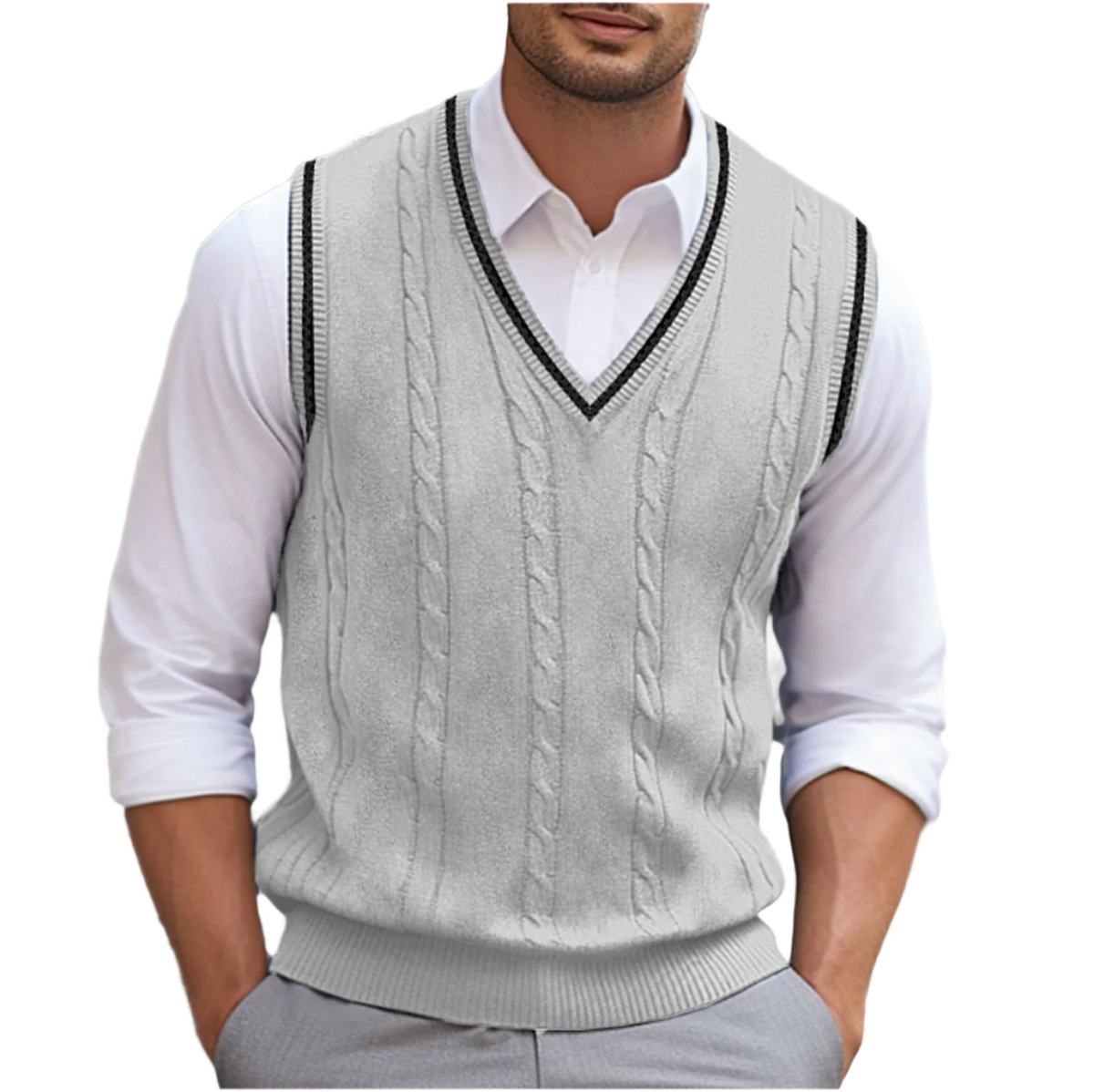 Men's Sweater Vest Sleeveless with V-Neck and Cable Knit Pattern