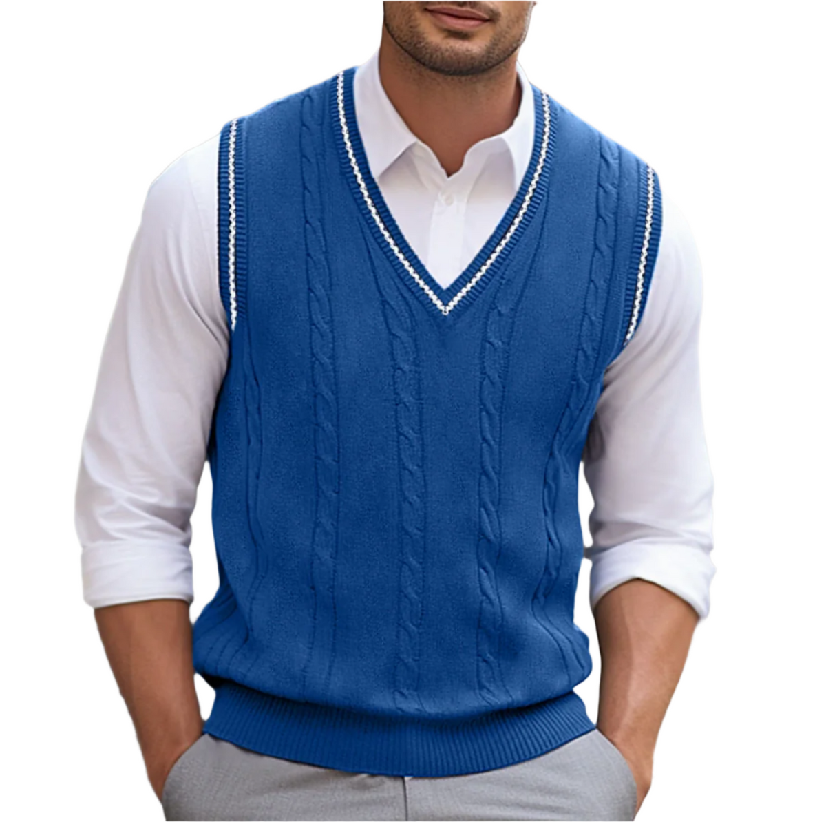 Men's Sweater Vest Sleeveless with V-Neck and Cable Knit Pattern