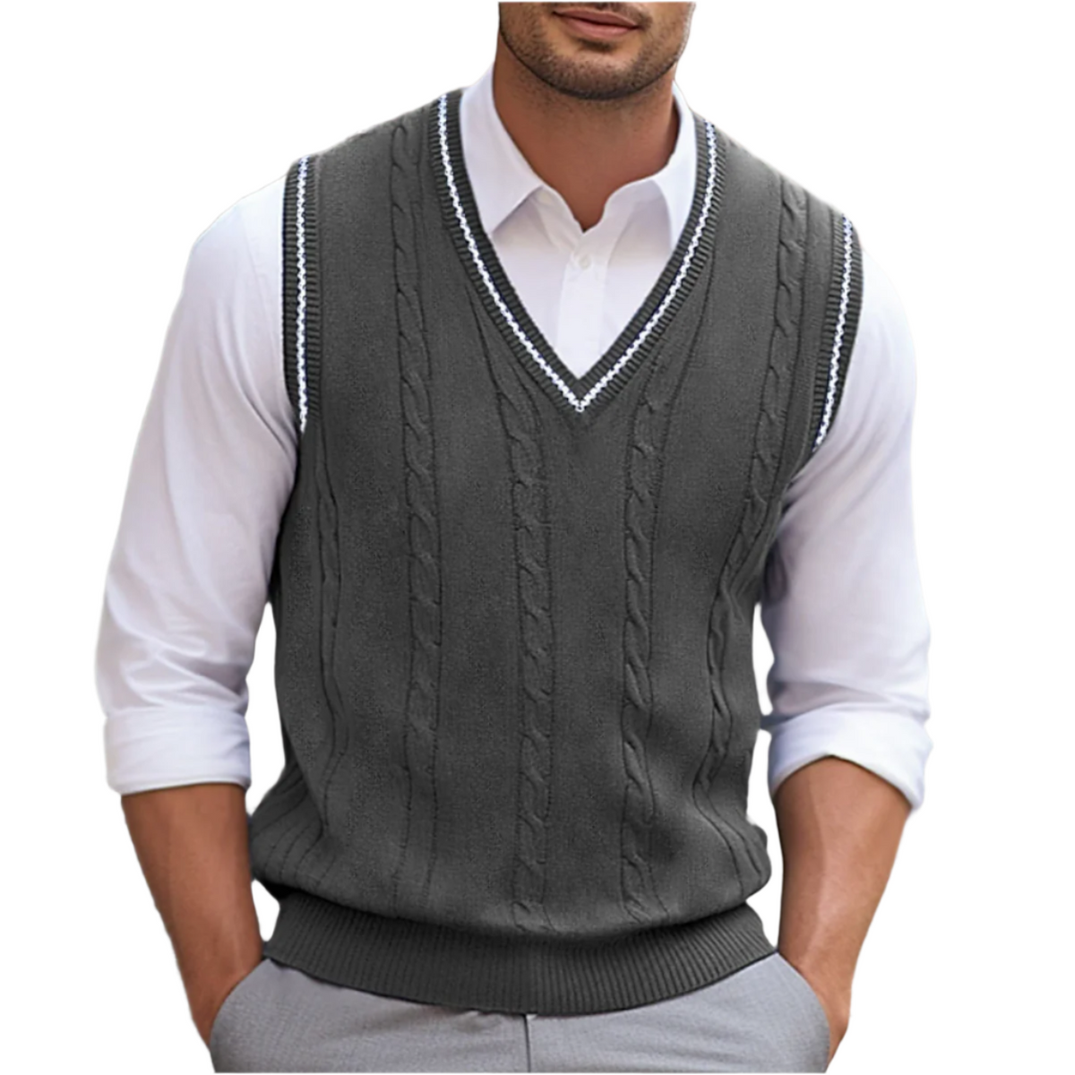 Men's Sweater Vest Sleeveless with V-Neck and Cable Knit Pattern