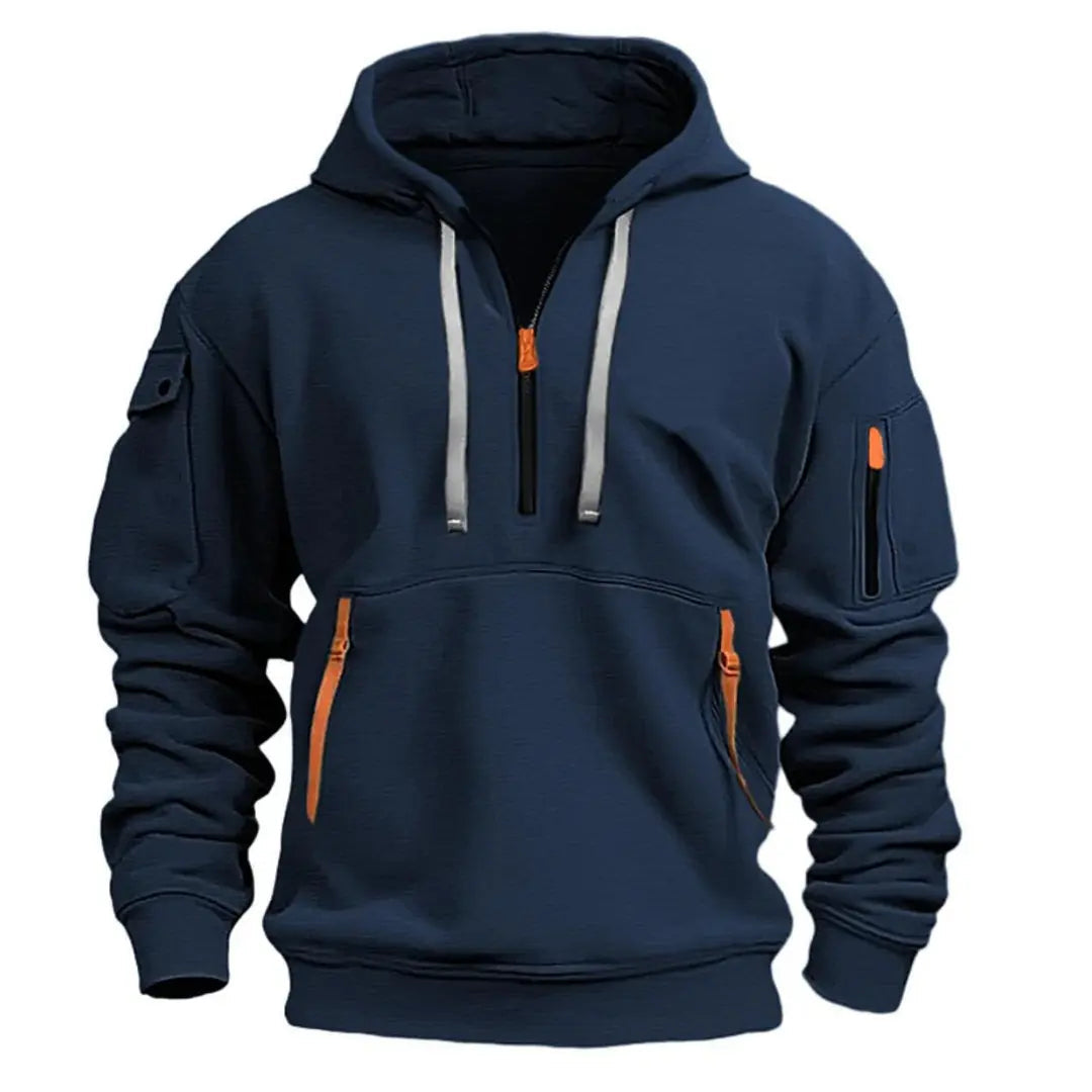 Men's Tactical Hoodie with Quarter-Zip, Hood and Multi-Pocket Design