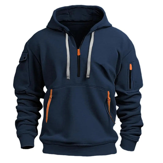 Men's Tactical Hoodie with Quarter-Zip, Hood and Multi-Pocket Design