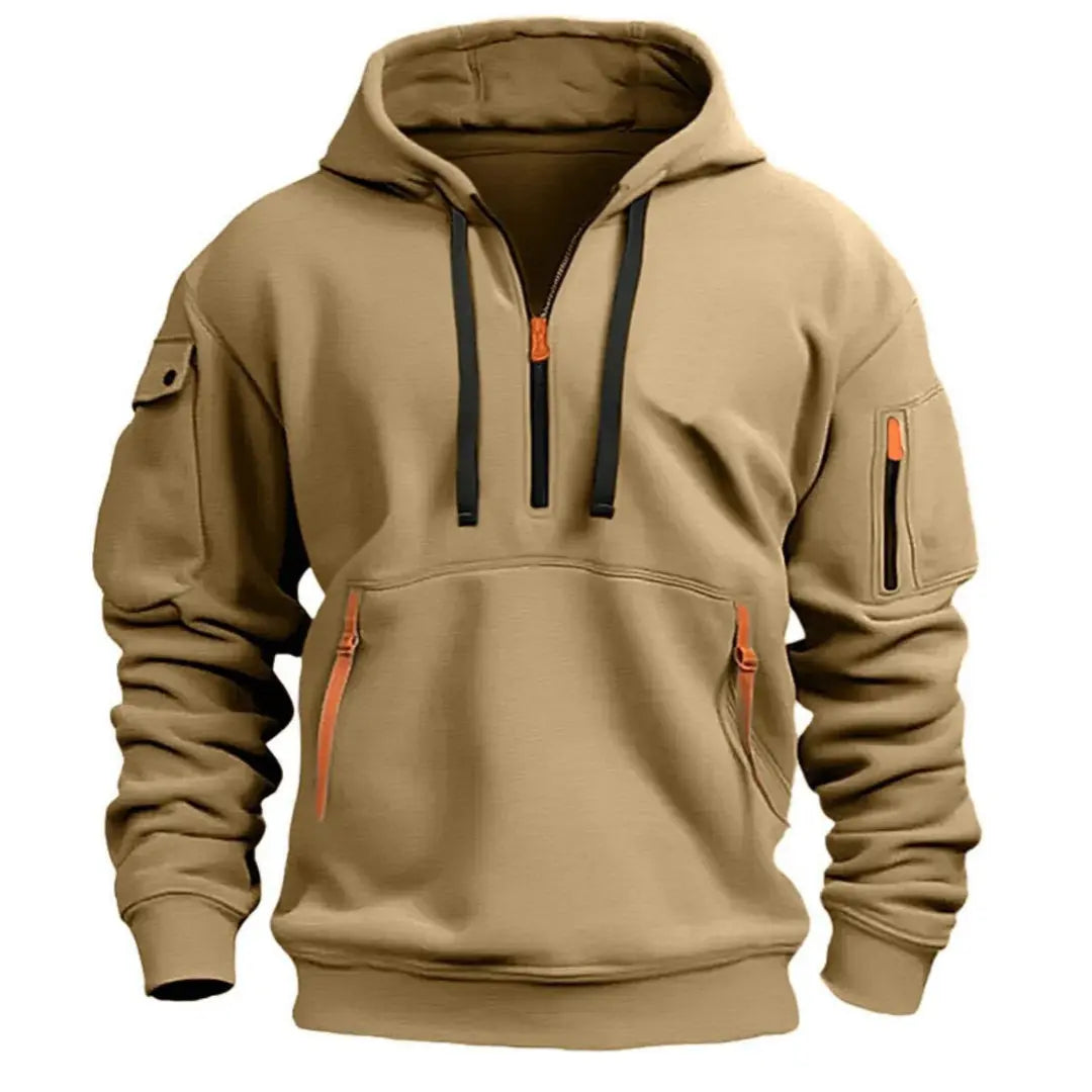 Men's Tactical Hoodie with Quarter-Zip, Hood and Multi-Pocket Design