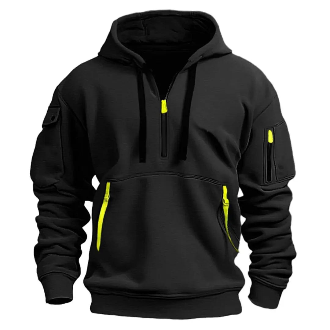 Men's Tactical Hoodie with Quarter-Zip, Hood and Multi-Pocket Design