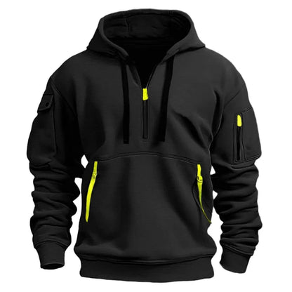 Men's Tactical Hoodie with Quarter-Zip, Hood and Multi-Pocket Design